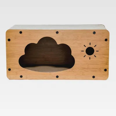 Produktbild von Katzenhöhle mit Kratzbrett – 2-in-1 Katzenhaus & Kratzmöbel – stabil & nachhaltig – aus Holz & Wellpappe – 59,5 × 29,5 × 29 cm – Rückzugsort & Spielplatz für Katzen