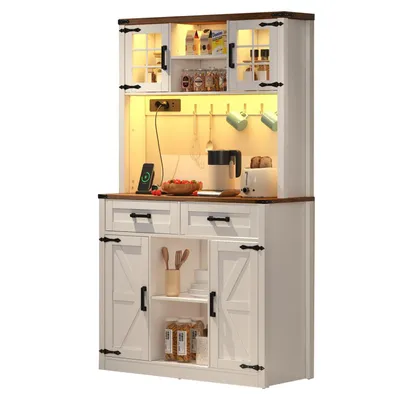 Produktbild von Barschrank mit LED-Beleuchtung und Steckdosen, großer Küchen-Buffetschrank mit 2 großen Schubladen, Scheunentor-Design, verstellbaren Einlegeböden