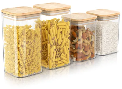 Produktbild von Arendo Vorratsdosen Glas 4er Set quadratisch, Frischhaltedosen aus Borosilikatglas, Bambusdeckel mit Silikondichtung, luftdicht, stapelbar, 2x 1,5 l, 2x 2 l, transparent