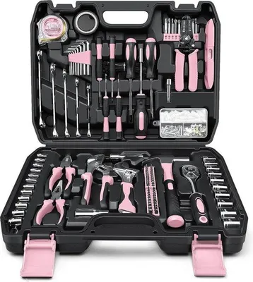 Produktbild von Famanu Werkzeugkoffer 281-teilig - Tragbares Werkzeugset - Metrisches Schraubendreher-Set - Zangen - Rosa Werkzeugkoffer