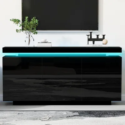 Image de OKWISH Buffet avec LED et Rangement Fonctionnel, 2 Portes et 3 Tiroirs en Panneau de Particules Haute Brillance - 140x35x72,5 cm - Noir
