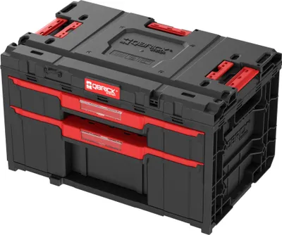 A black and red Qbrick System ONE Drawer 2 Plus Toolbox 2.0 with two drawers is shown from a slightly elevated front-left angle.