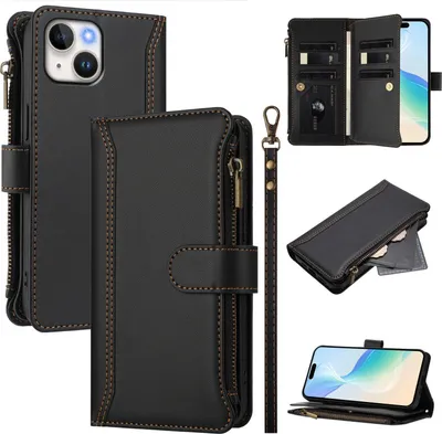 Obrázek produktu pro Pouzdro pro iPhone 13 Mini, zipem, peněženkovéPolyuretankožené flip pouzdro s kapsami na karty, stojánkem a poutkem na ruku černý