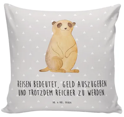 Produktbild von Mr. & Mrs. Panda Kissen 40x40 Erdmännchen - Grau Pastell - Geschenk, für sofa, Sofakissen, Reisen, Dekokissen, Weltreise, Traveling, Afrika, kuschelkissen, Spruch