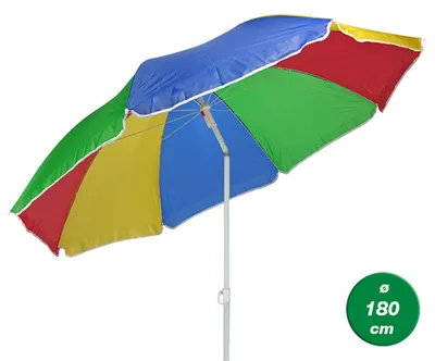 Produktbild von Gravidus Sonnenschirm, Strand- & Balkonschirm, Ø 180 cm, höhenverstellbar ca. 1-1,97 m, mit Knickgelenk, zweigeteiltes Gestänge, aus Nylon-Polyester, Regenbogenfarben mit weißem Gestell, 8 Rippen, Rohr Ø ca. 2,2 cm, inkl. Tragetasche