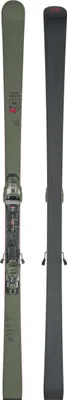 Two skis are shown side-by-side against a white background. The left ski is a light green color with bindings and text visible. The right ski is black.