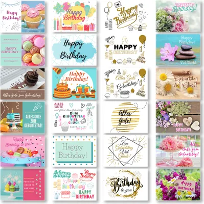 Produktbild von Domelo Geburtstagskarten 24er Set mit Umschlag, Happy Birthday Postkarten, Kraftpapier Karten zum Geburtstag, Geburtstagskarte für Mann/ Frau/ Kinder, Postkarte als Grußkarten