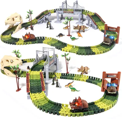 Produktbild von 289 Stück Rennstrecke Dinosaurier Spielzeuge Flexible Zugbahnen mit 8 Dinosaurier-Figuren,2 elektrische Rennauto-Fahrzeuge Spielset mit Lichtern Dinosaurier-Weltrennens für Kleinkinder,Kinder,Jungen
