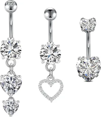 Productafbeelding van FECTAS 3 navelpiercings, 10 mm, chirurgisch staal, zilver, goud, hartvorm