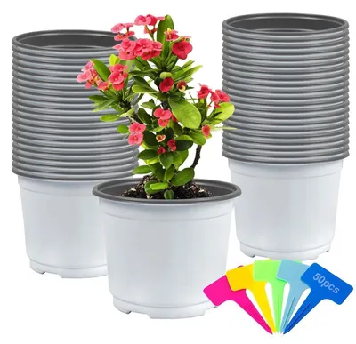 Image de Lot de 50 pots de culture, pots en plastique de 12 cm, avec étiquettes pour plantes