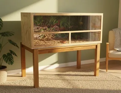 A terrarium on a wooden stand in a room with a plant and a chair.