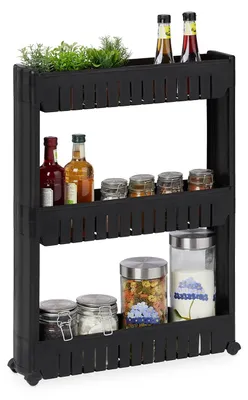 Immagine prodotto di TRANKIELO® - Carrello da cucina compatto su ruote - 3 ripiani - Scaffale in plastica salvaspazio - Dimensioni: 71 x 12,5 x 54 cm, colore nero