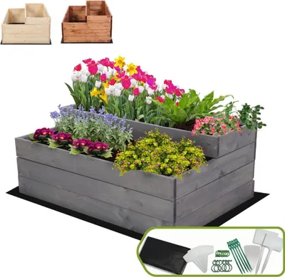 Produktbild von MODO24 Hochbeet Holz, Pflanzkasten, Massivholz, Kiefer, Kräuterbeet, Blumenkasten, Garten, Terrasse, 36x90x63 cm, Grau, ZP07