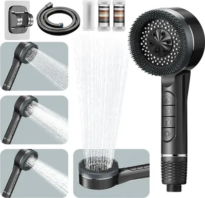 Produktbild von Hochdruck-Duschkopf, wassersparender Duschkopf mit 4 Strahlarten, Anti-Kalk-Duschkopf mit 1,5 m Brauseschlauch und Brausehalterung, mit Wasserstoppknopf, Grau [+++]