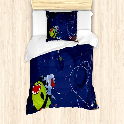 Produktbild von ABAKUHAUS Raum-Katze Mantele, Cartoon Kitten Alien, Milbensicher Allergiker geeignet mit Kissenbezügen, 135 cm x 200 cm - 80 x 80 cm, Grün Braun Dunkelblau