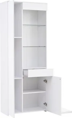 Produktbild von Vitrine 70x35x180cm Schubladen Weiss Hochglanz Glasvitrine LED-Beleuchtung Hochschrank Highboard Standvitrine Trennwandlagerung Tragkraft 45kg