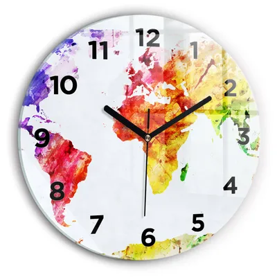 Produktbild von Wallfluent Wanduhr – Stilles Quarzuhrwerk - Uhr Dekoration Wohnzimmer Schlafzimmer Küche - Zifferblatt - schwarze Zeiger - 30 cm - Aquarellierte Weltkarte