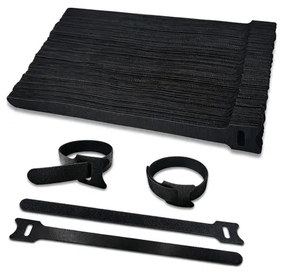 Zdjęcie produktu dla Taśmy zaciskowe z rzepem, czarne, 100 sztuk, wielokrotnego użytku, wymiary 200 x 12 mm