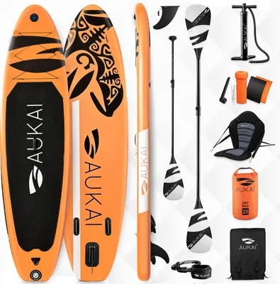 A collage of an inflatable stand-up paddleboard and its accessories, laid out on a white and gray background.