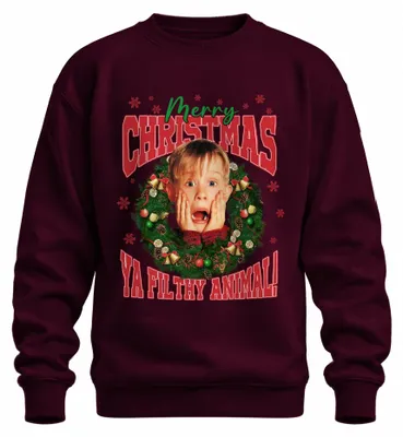 Imagen del producto de "Feliz Navidad, cerdo inmundo", Kevin McCallister - Suéter navideño uni, diseño de "Mi Villano Favorito", color burdeos, talla S