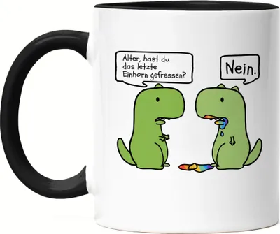 Produktbild von T-Rex frisst Einhorn Tasse Schwarz Lustiges Einhorn Dinosaurier Fun Dino Geschenk Ironie Sarkasmus