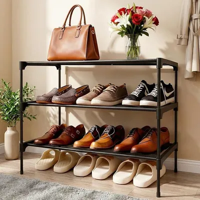 Produktbild von PolkaHome® Schuheregal 3-stufig stapelbar Metall Schuhregal für 9 Paar Schuhe Wohnzimmer Flur Schlafzimmer (70x30x45cm, Schwarz)