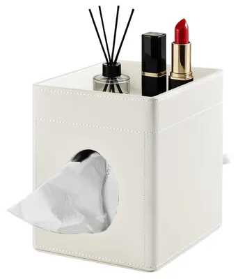 Immagine prodotto di Custodia in ecopelle color crema per scatola di fazzoletti, con vassoio portaoggetti quadrato, dimensioni 15,3 x 13,8 x 16,3 cm