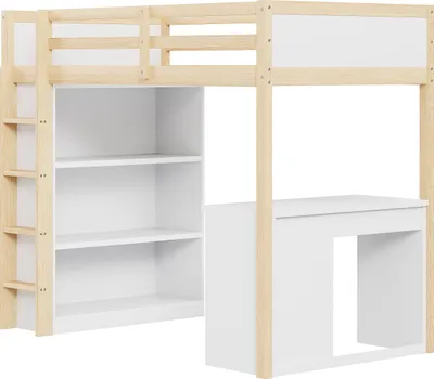 Produktbild von Hochbett mit Lattenrost, Rausfallschutz, Schreibtisch und Regal, 90x200 cm, Jugendbett, Einzelbett, Kinderbett