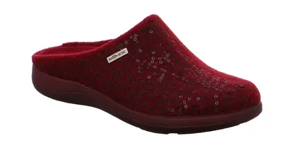 A single red slipper is shown against a white background.