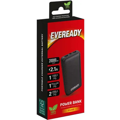 Produktbild von Eveready PX20B - Powerbank 20000 mAh 2x USB-A (Schwarz)