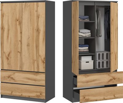SARA MEBLE Kleiderschrank 90 cm breit mit Schubladen - Anthrazit Eiche Wotan