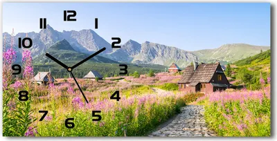 Produktbild von Wanduhr aus Glas – 60x30 cm - Glasbild - Glasuhr - Gehärtetes Glas - schwarze-zeiger - Cottages in den Bergen