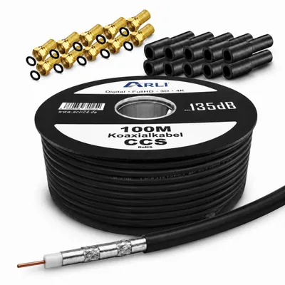Produktbild von 100m ARLI Koaxialkabel Schwarz – max. 135 dB 5-fach geschirmt + 10x F-Stecker vergoldet und 10x Gummitüllen DVB-S2 DVB-C2 DVB-T2 4K HD TV