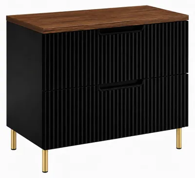 Productafbeelding van Badkamerkast, staand model, 80 cm breed, met ribbelstructuur aan de voorkant (16 mm), zwart en plat eikenhout, gefreesde handgrepen, ronde poten van 15 cm, afmetingen: 80 x 46 x 73 cm, AI-gegenereerde afbeelding