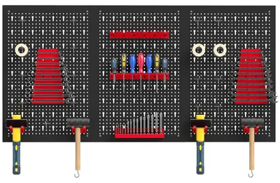 Produktbild von Set aus 3 Wandwerkzeughaltern aus Stahl mit 9 Halterungen und 16 Haken, Schwarz und Rot