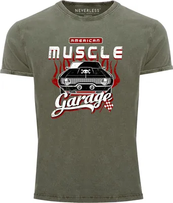 Produktbild von Cooles Angesagtes Herren T-Shirt Vintage Shirt Retro American Muscle Car Used Look Slim Fit Neverless® oliv L