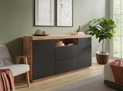 Produktbild von Kommode YOSHI Sideboard mit 2 Türen und Schubladen 164 cm, Wotan / Schwarz