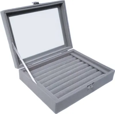 Produktbild von Schmucktablett Schmucklade Schmuckkästchen mit Glasdeckel grau für Ring