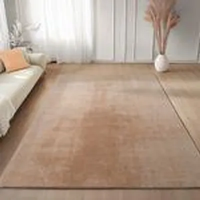 A beige rug is laid out on a wooden floor in a living room setting, with a sofa and curtains visible.