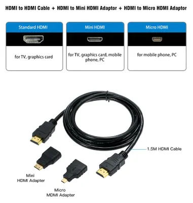 Image de Câble HD 3 en 1 : câble HD mâle-mâle + adaptateur HD + mini-adaptateur HD, 1,5 m