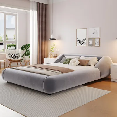 Obrázek produktu pro Postel s čalouněnou konstrukcí 140x200 cm, celoobklopná čelo, zakřivený tvar, LED osvětlení, samet (šedá barva)