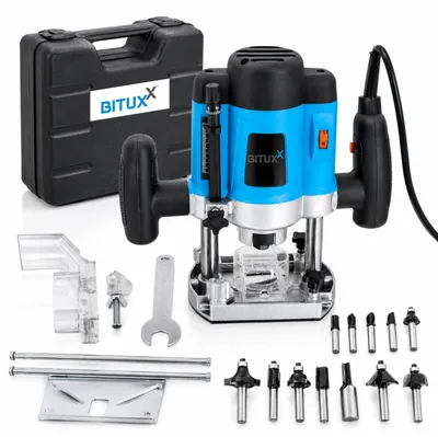 Produktbild von Bituxx 1200W Oberfräse Fräse Kantenfräse Holzfräse Parallelanschlag, Absaugadapter inklusive 12 tlg. Fräser Set MS-18364