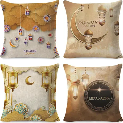 A collage of four decorative pillow covers, each featuring Ramadan or Eid al-Adha themed designs with lanterns, crescent moons, and geometric patterns.