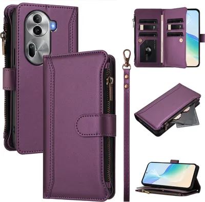 Obrázek produktu pro Pouzdro pro Oppo Reno11 Pro, zipem, peněženkovéPolyuretankožené flip pouzdro s kapsami na karty, stojánkem a poutkem na ruku Fialová
