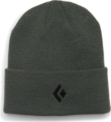 Dunkelgraue Mütze von Black Diamond mit umgeschlagenem Saum und Logo.