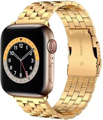 Produktbild von FFO2World Tank Edelstahl-Armband mit Sicherheitsverschluss für Apple Watch 46/45/44/42/49 mm, Serie 1–11 & Ultra, Gold