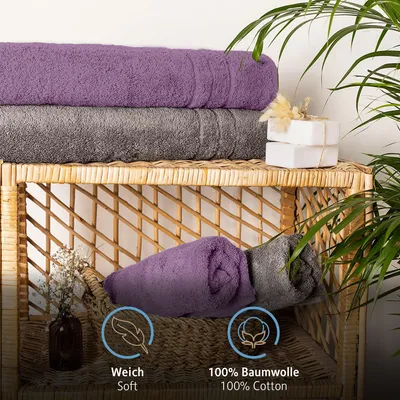 Produktbild von Komfortec Saunahandtuch 100% Baumwolle Frottee weich schnelltrocknend Anthrazit Grau/Violett 80x200 cm XXL 2er Set