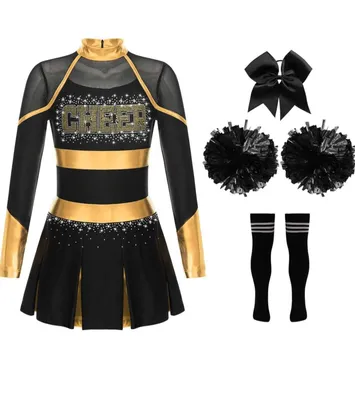 Immagine prodotto di Set di costumi da cheerleader per ragazze - abito da ballo con collo alto e pompon, calze e copricapo| taglia 158-164 | perfetto per sport, feste, carnevale e feste in maschera