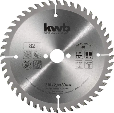 Produktbild von kwb Kreissägeblatt 216 x 30 mm für präzise Schnitte in Holz und Platten