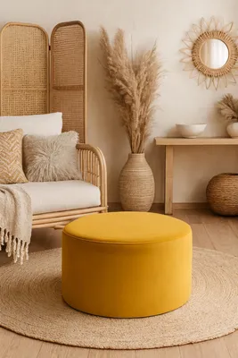 Produktbild von Runder Samtpouf in Senfgelb 60/30 cm – Moderner Fußhocker & Sitzhocker in vielen Größen